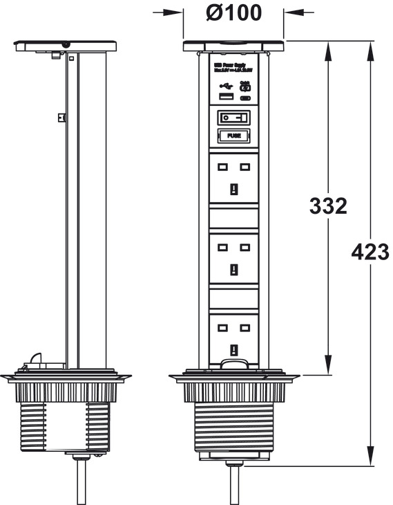 Häfele Vertical Powerdock Pop-Up Socket, 3 x UK + USB-A/USB-C