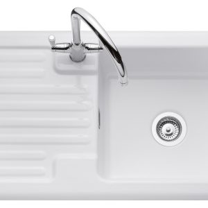 Rangemaster Rustic 1.0 Bowl Ceramic Sink with Drainer, White (CRT10101WH)