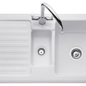 Rangemaster Rustic 1.5 Bowl Ceramic Sink with Drainer, White (CRT10202WH)